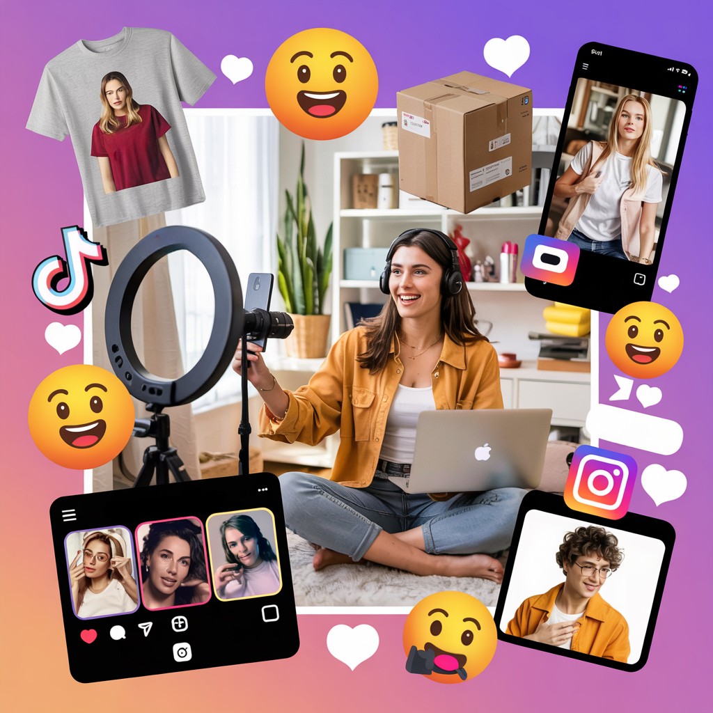 Collage fan con t-shirt del creator, reaction su TikTok, tag Instagram