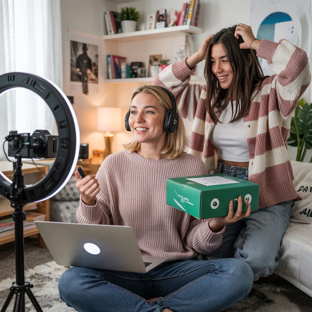 Creator felice con il suo packaging brandizzato + fan che indossa il prodotto